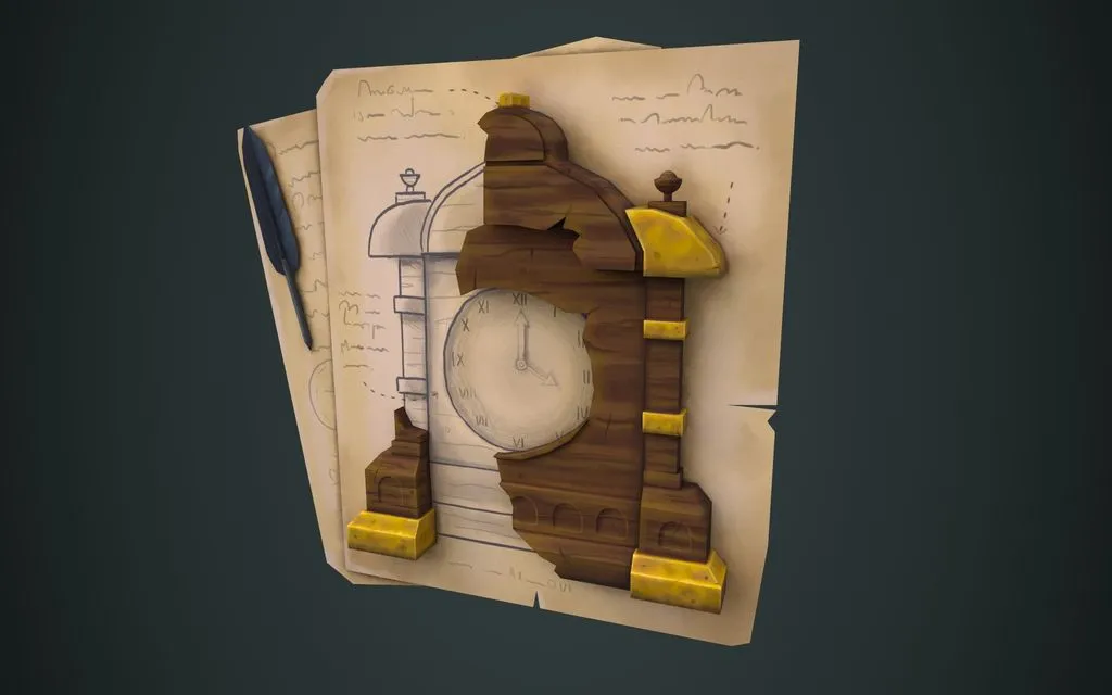 the broken clock laying down on the papers. We see missing parts painted on paper.