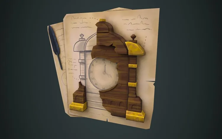 the broken clock laying down on the papers. We see missing parts painted on paper.