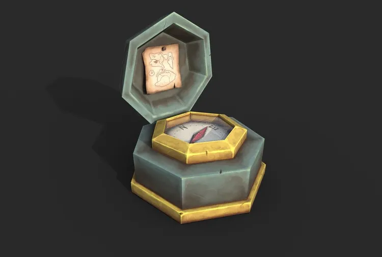 Dwarf's compass. Small map inside. Materials gold and metal.