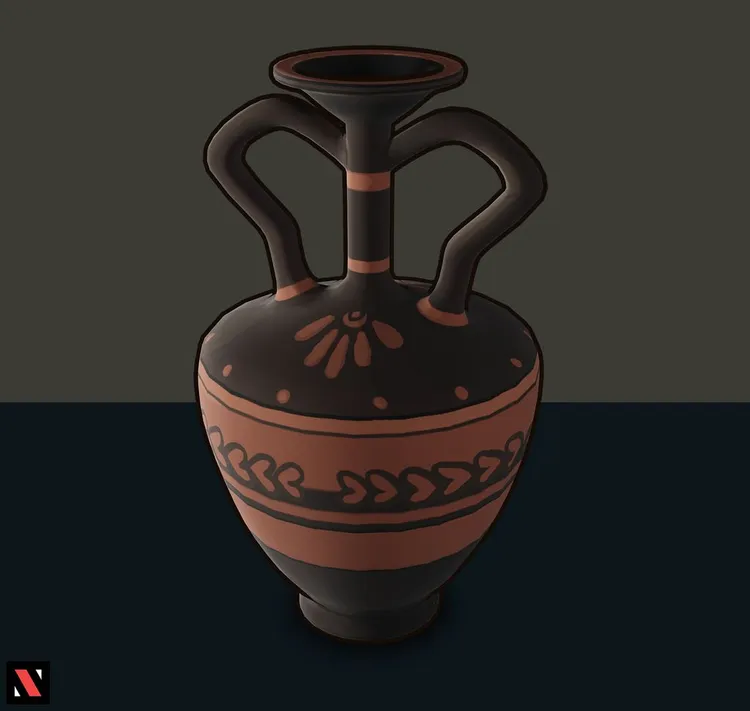 Ancient Greek pottery and chair.