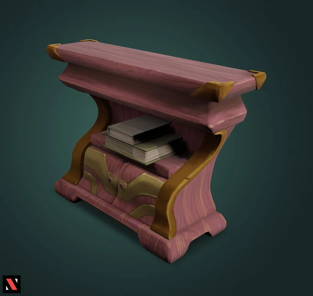 Shelf with books, made of red wood and metal corners.