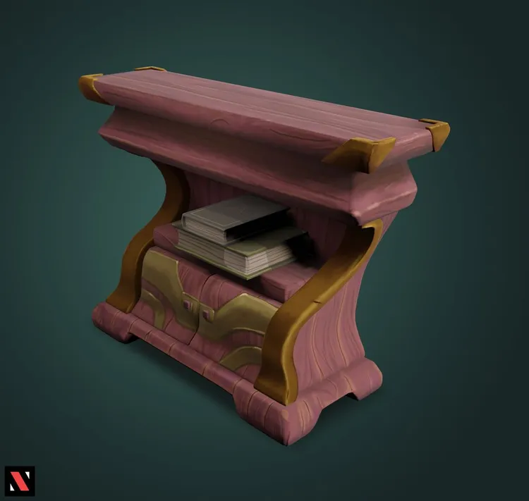 Shelf with books, made of red wood and metal corners.