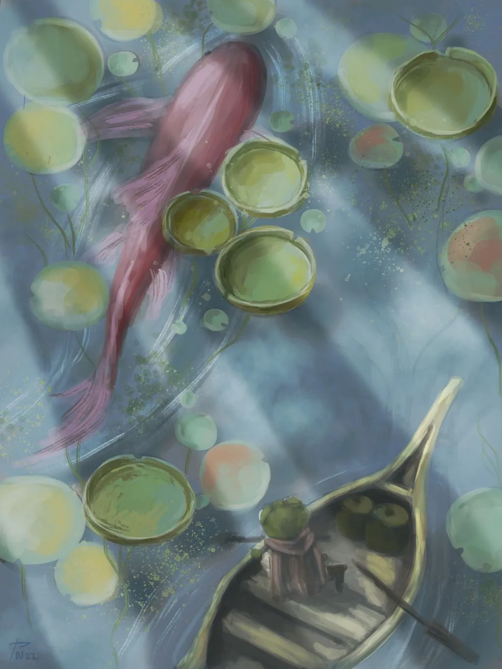 The frog in the boat looking in the water where between a lily leaves swimming big carp