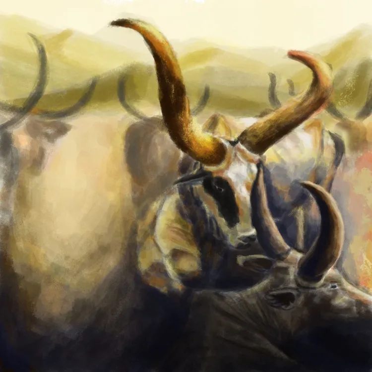 Two cows focused among the herd of other cows in a yellow landscape with long brown horns