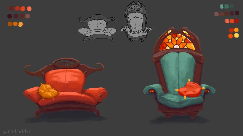 cartoon looking chairs, one with cathedral window and the other with mustache similar back and carved hair comb in it