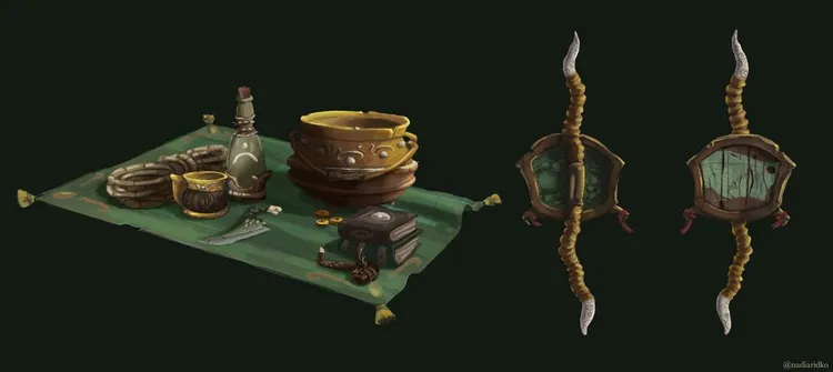 Dragon Hunter Gerald and his props (shield, cup, knife, pipe, rope, cauldron, books, bottle).