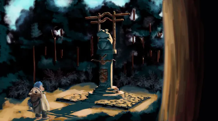 A small blue-haired boy standing in front of a toad totem in a forest