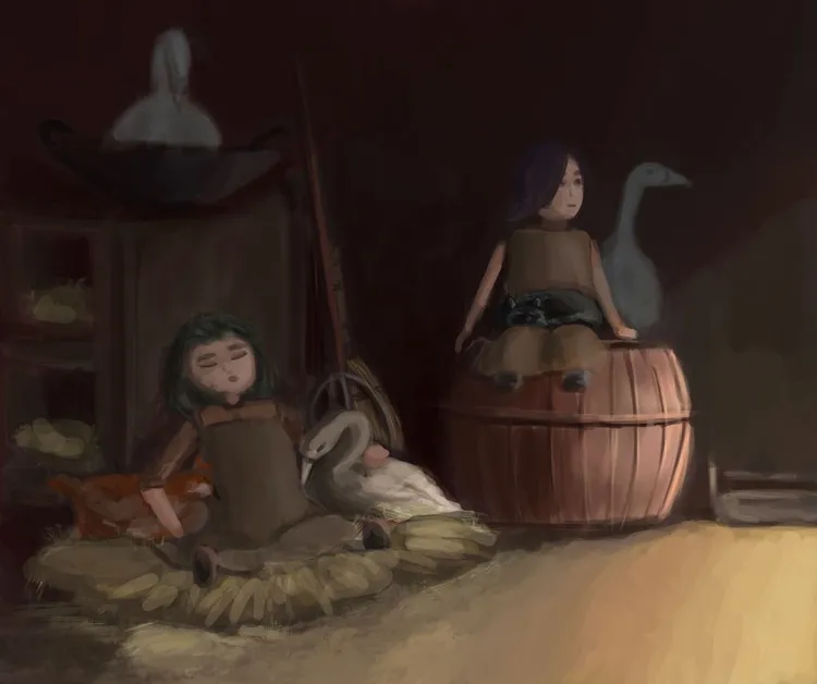 An old shed with two girl dolls and ghost geese