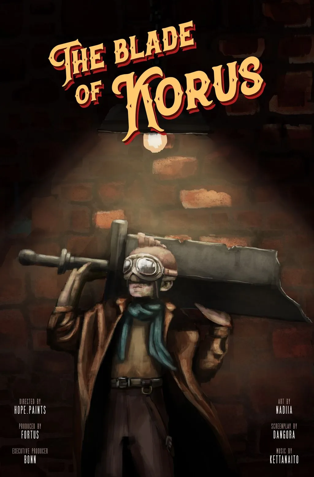 A short man in pilot's goggles holding a large half-broken sword on his shoulders in front of a wall