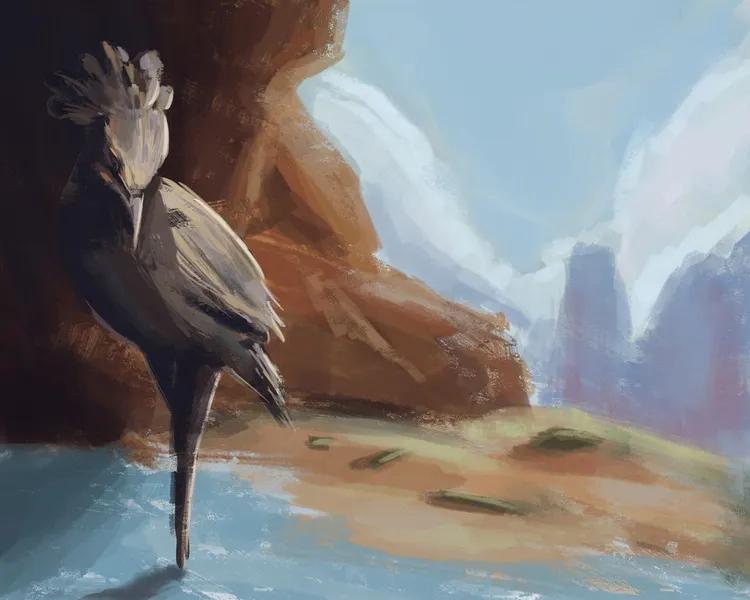 A long-legged bird standing in a pool of water in the opening of a cave on a high mountain
