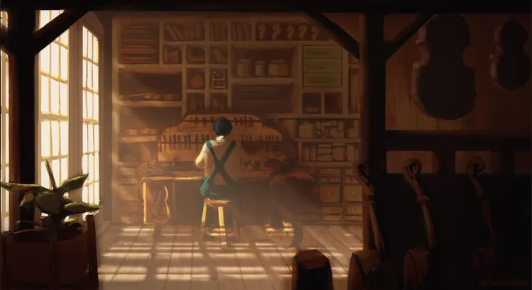 Room of the violin maker. He is seating at the table and the sun shining from the window to the room.